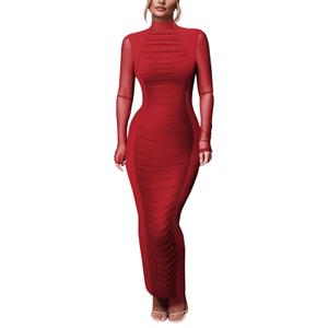HESUUIO Women Sexy Bodycon Maxi Dress Elegant Mesh Turtleneck Ruched Formal Evening Cocktail Club Party Dresses Red