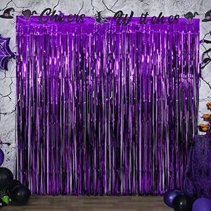 LYUBASA 2 Pack Halloween Party Decorations,Black and Purple Tinsel Foil Fringe Curtains,Halloween Theme Photo Booth Prop Streamer Backdrop Decor Indoor Outdoor Party Supplies for Birthday Anniversary