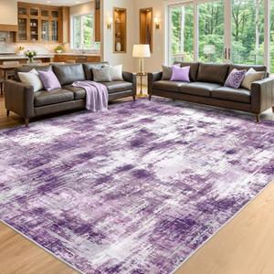 Purple Living Room Modern Abstract Rug, Anti-Skid Carpet Low Pile Rug8x10Ft | Non-Slip Rubber Backing Rug Neutral Modern Thin Carpets for Living Room, Bedroom, Dining Room, Kids Playroom, Home Office