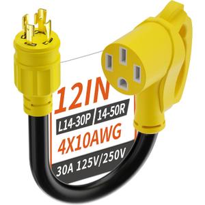 4 Prong 30 Amp to 50 Amp RV Generator Adapter Cord, NEMA L14-30 Twist Lock Male Plug to NEMA 14-50 Female Plug, 12 Inch(1 FT) 10 Gauge STW Power Cord, Max 30A 125V/250V, Yellow, ETL Listed