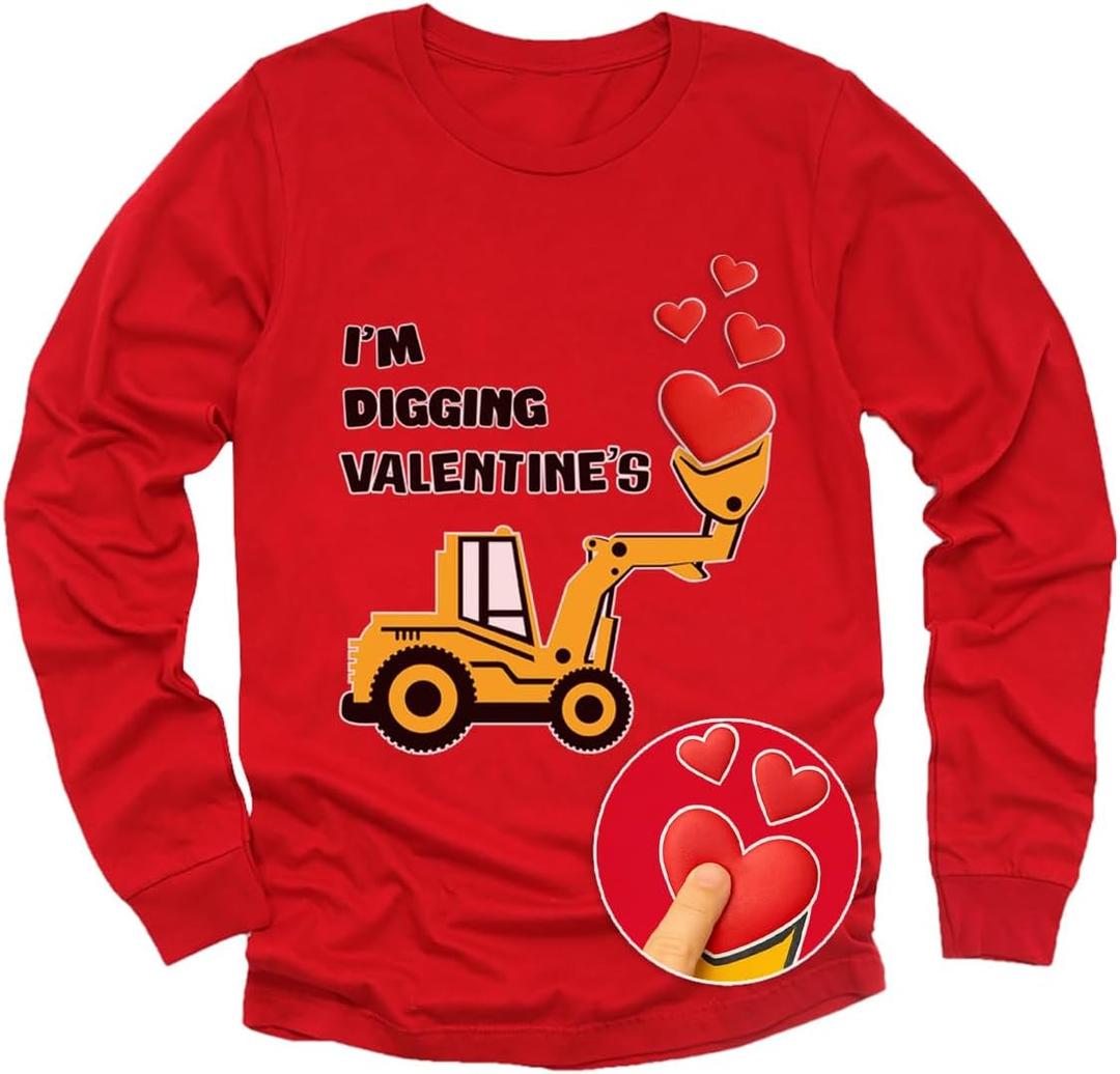 Tstars Kids Tractor and Digger Poppin Valentine's Day Shirt - Funny Heart Dab Long Sleeve Tee for Toddlers Boys and Girls (5/6T, Puff Digging / Red)