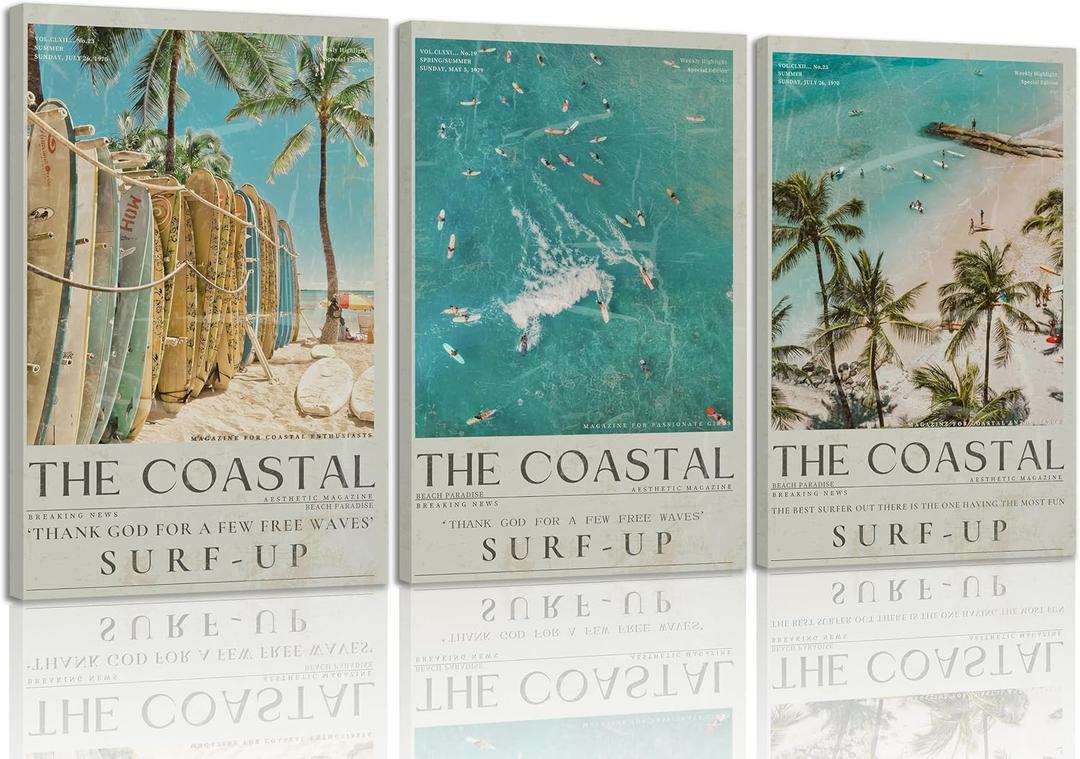Beach Surfing Canvas Wall Art Retro Newspaper Beaches Surfboard Painting Picture Wall Decor Summer Coastal Granddaughter Room Preppy Surf Up Poster Print Artwork for Dorm Bedroom Apartment Home Decor (24L"x16W")