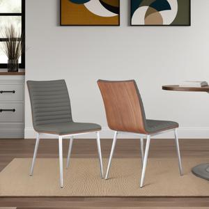 Armen Living Caf Brushed Stainless Steel Dining Chair in Gray Faux Leather with Walnut Back - Set of 2