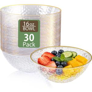 Tinybee 30 Pack Clear Plastic Bowls - Clear Disposable Bowls for Party with Gold Rim, 16-20oz Premium Hammered Bowls Disposable Heavy Duty, Plastic Salad Bowls for Milk Cereals, Snacks, Salads