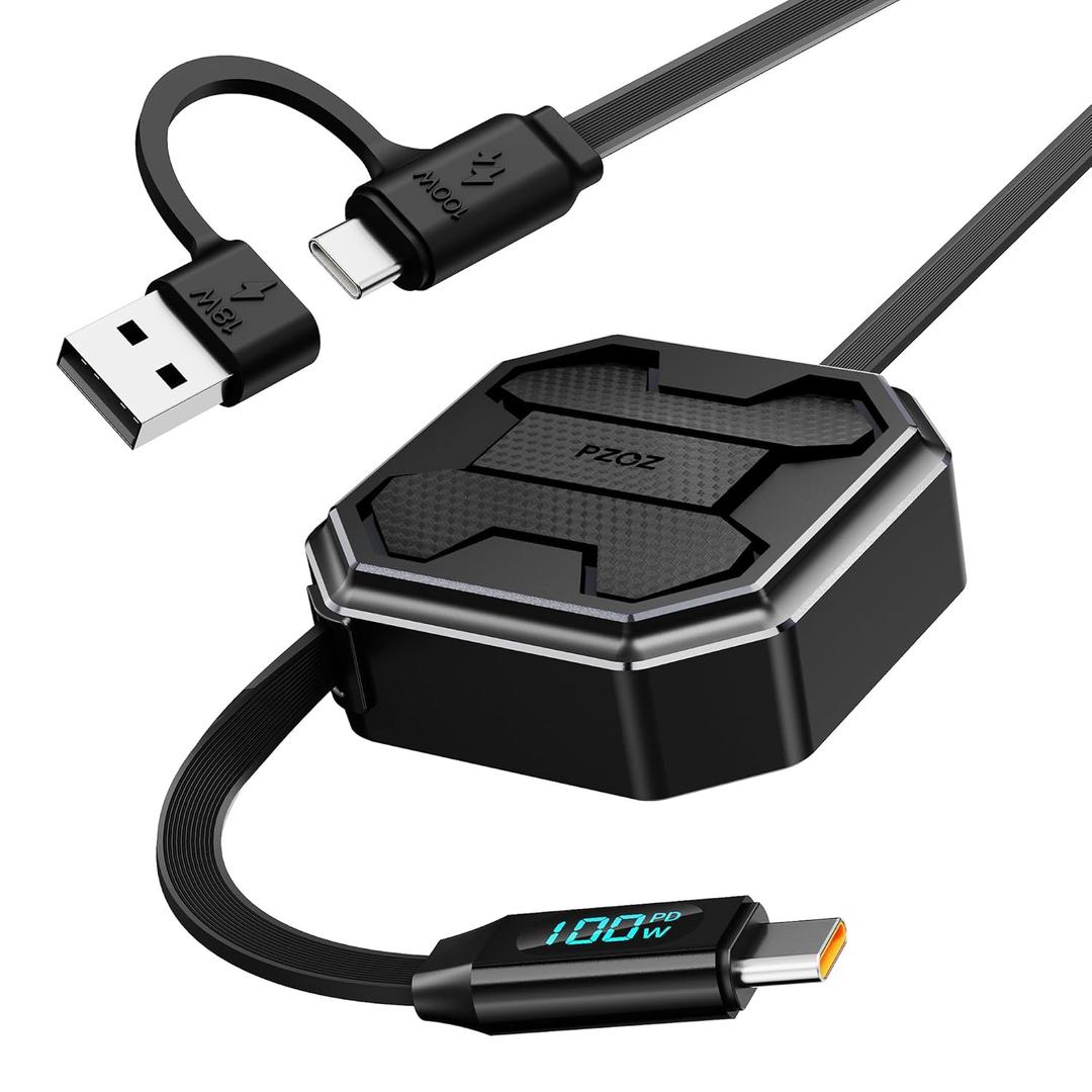 pzoz Retractable 2-in-1 Charging Cable with LED Display, Multi USB C & USB A to USB C for iPhone iPad Mac Samsung for Car CarPlay Desktop Management Organizer