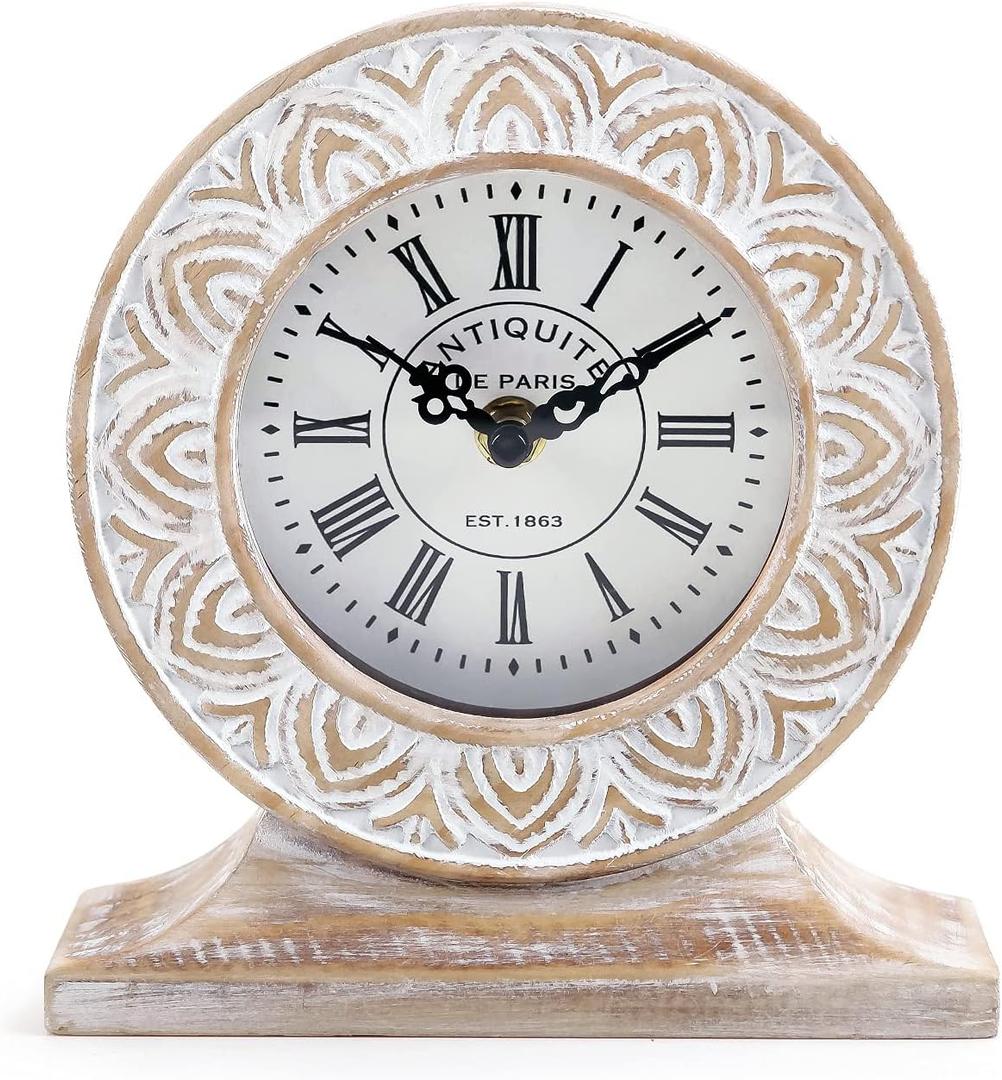 NIKKY HOME Hand Carved Wood Table Clock, Shelf Desk Top Clock Battery Operated Boho Design, Vintage Home Decor for Fireplace Mantel, Desktop, Countertop, Distressed White