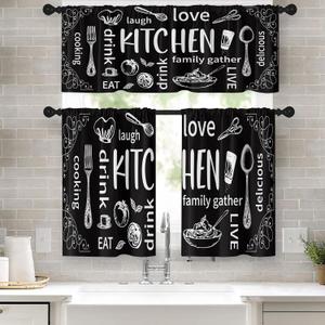 Farmhouse Chef Kitchen Window Curtains Valance and Tier Set, Modern Doodle Abstract Black Art Rod Pocket Short Tier Curtain, Funny Small Cafe Drapes for Kitchen Decor 52" x 24"