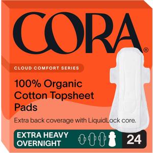 Cora 100% Organic Cotton Topsheet Pads Extra Heavy Overnight Pads (24 Count)