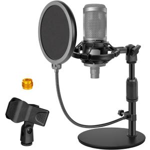 Mic Stand Desk Adjustable Desktop Microphone Stand with Stable Metal Base, Shock Mount, Pop Filter, Mic Clip, and Mic Adapter for AT2020, HyperX QuadCast, Blue Yeti, Shure SM58