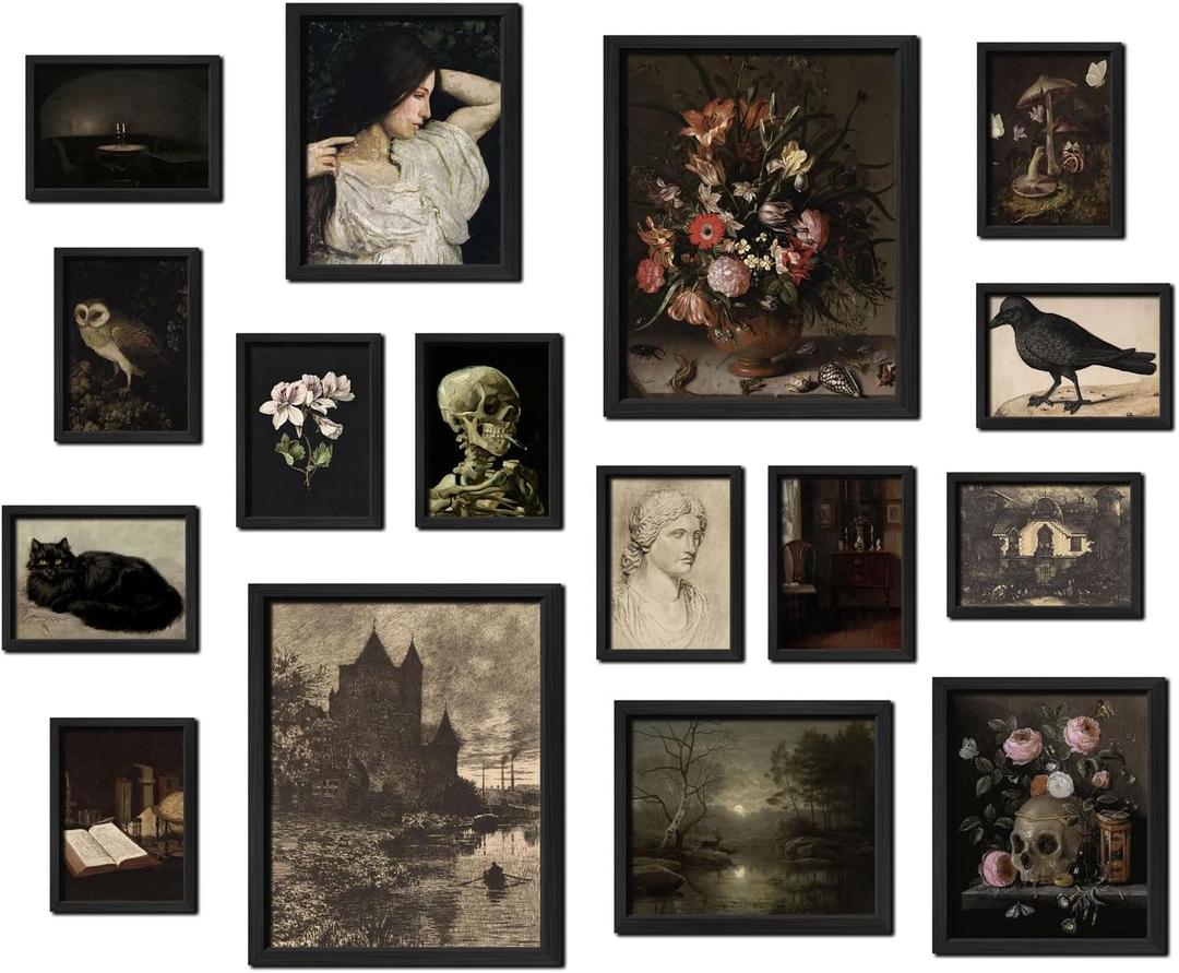 16 PCS Framed Dark Academia Room Decor, Gothic Home Decor, Moody Wall Art Prints for Bedroom, Gallery Wall Frame Set, Witchy Posters for Living Room Aesthetic, Halloween Dorm Collage Kit (12"x15" Framed)