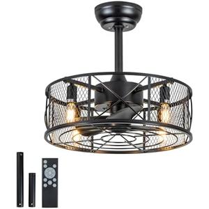 ADXEICE 18" Caged Ceiling Fan with Light Farmhouse Fandelier with Light and Remote Ultra-Quiet Rustic Chandelier Fan - for Kitchen, Living Room, Nursery,Cat Spaces