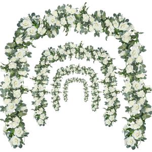 Flower Garland Rose Vine 4Pcs 28FT Artificial Floral Garland with Green Leaves Hanging Rose Vine for Wedding Party Garden Home Wall Decor (White)