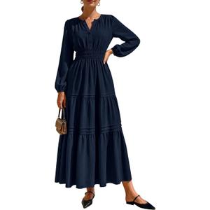 PRETTYGARDEN Women's 2025 Elegant Maxi Dresses Long Sleeve V Neck Flowy Pockets Casual Modest Dress Fall Fashion Clothes (Dark Blue, X-Large)
