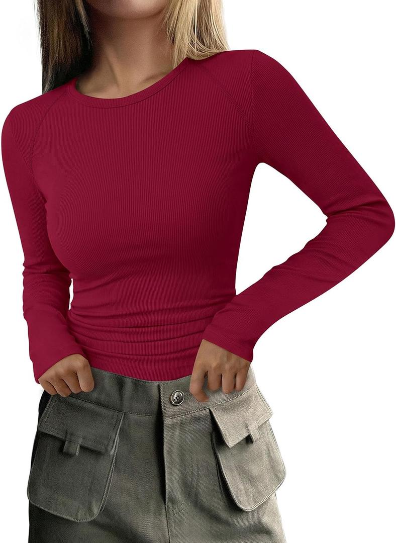 PRETTYGARDEN Long Sleeve Shirts for Women Fall Going Out Tops Casual Ribbed Knit Slim Fitted Basic Tees Y2K Spring Clothes (XXL)