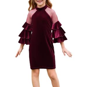 WDIRARA Girl's Velvet Mesh Layered Bell Sleeve Party Elegant 3/4 Sleeve Short Dress (Burgundy) , Brans Size: 9Y