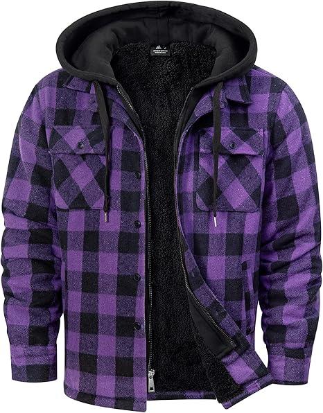 ZITY Mens Sherpa Flannel Shirt Jacket Plaid Fleece Lined Hoodie Full Zip Long Sleeve Winter Warm Coat for Men, Large