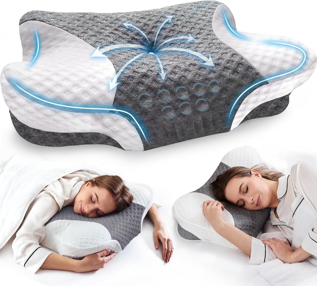 Cervical Neck Pillows with Memory Foam - Neck Pillows for Pain Relief Contour Memory Foam Pillows Ergonomic Neck Support - Adjustable Orthopedic Bed Pillows with Breathable Pillowcase for Sleeping (Grey White)