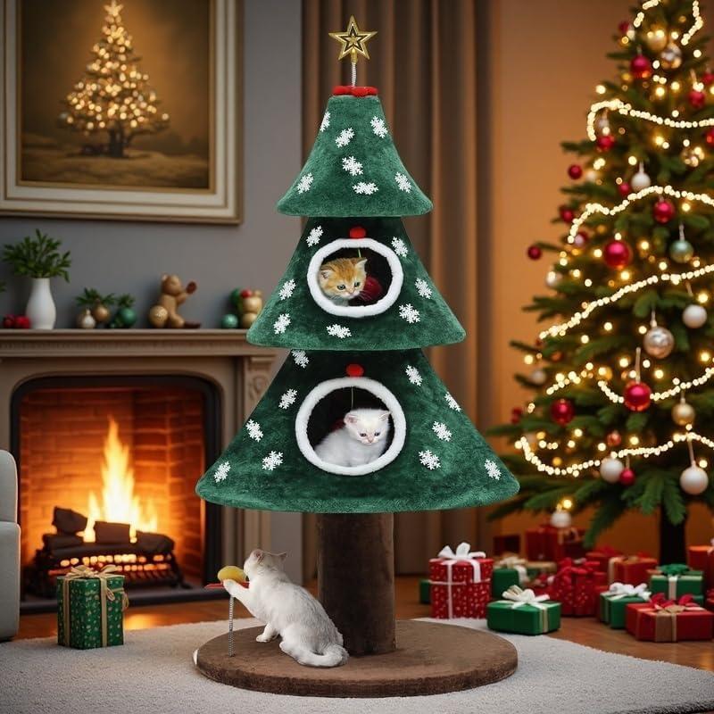 YITAHOME Christmas Cat Tree with 2 Houses, 52 in Cat Tower for Indoor, Cat Furniture with Teaser Plaything for Christmas Decoration
