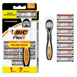 BIC Flex 5 Refillable Razors for Men, Long-Lasting 5 Blade Razors for a Smooth and Comfortable Shave, 1 Handle and 7 Cartridges, 8 Piece Shaving Kit