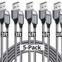 etguuds USB A to USB C Cable 5-Pack (3/3/6/6/10 ft), Fast Charging Type C Charger Cord for iPhone 17 16 15 Pro Max Plus Air, Samsung Galaxy S25 S24 S23 S22 S21 S20 A56 A17 A16, Pixel, Moto G, Gray