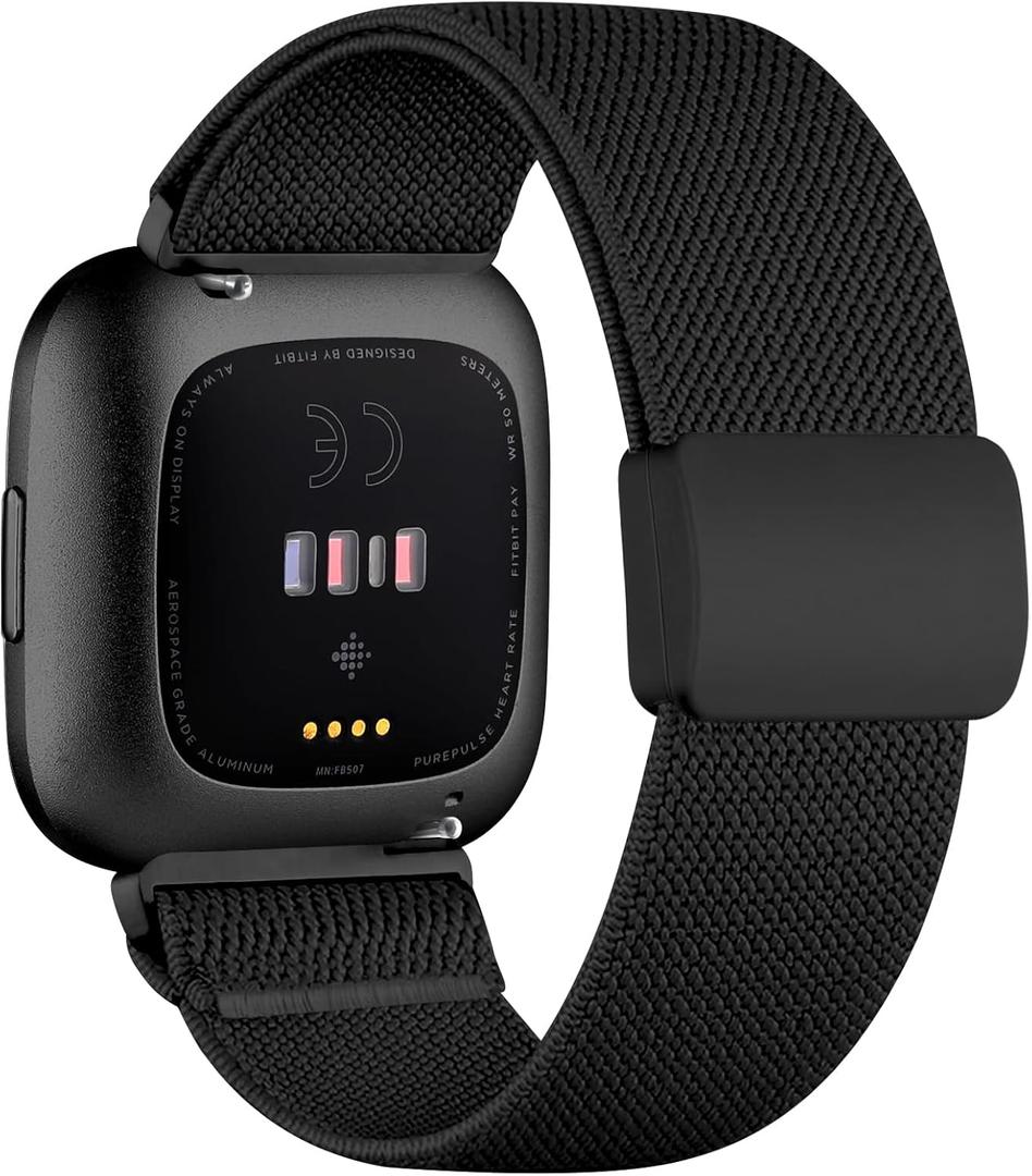 Stretchy Bands for Fitbit Versa - Magnetic Buckle Soft Nylon Smartwatch Band (Black)