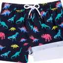BRISIRA Boys Swim Trunks Bathing Suit Compression Boxer Brief Liner Swim Shorts Swimsuit Anti-Chafe Toddler Kids Youth Teen (5-6, Black Dinosaur)