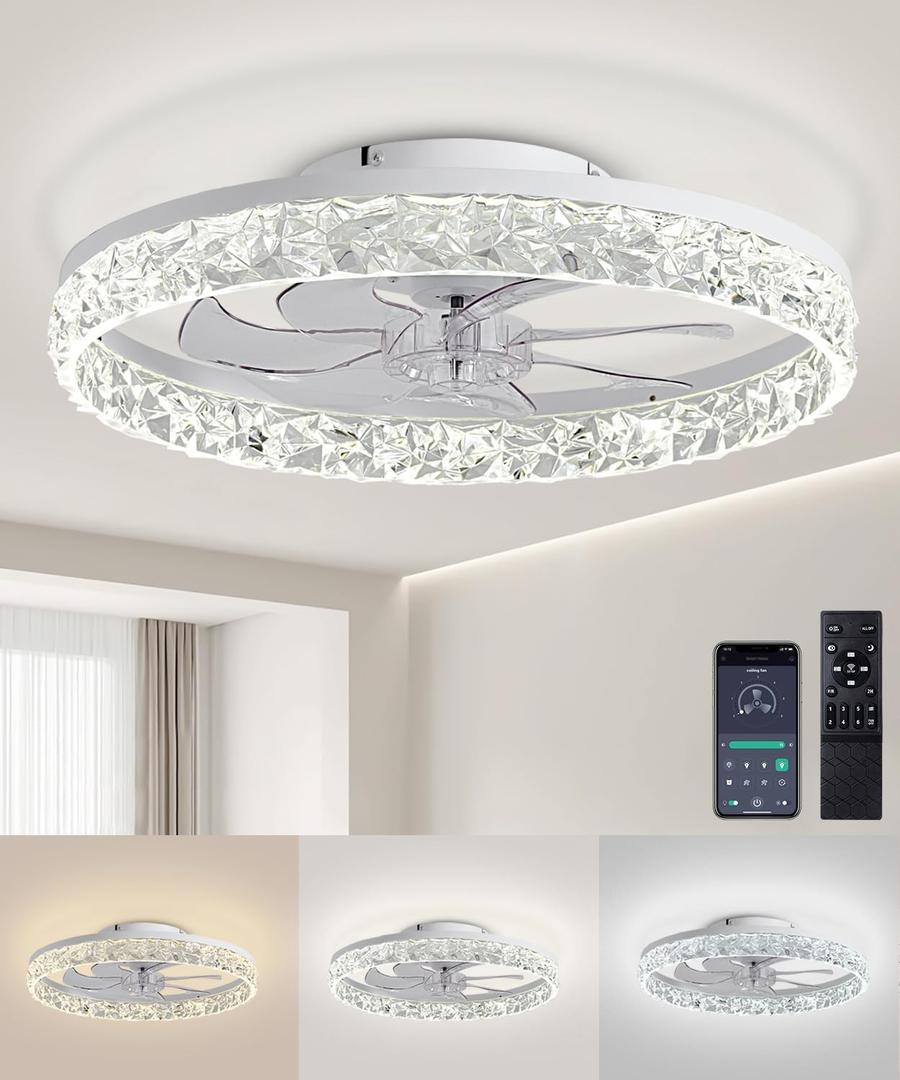 Ceiling Fans with Lights and Remote, 19.7" Low Profile Ceiling Fan with Light, 3000-6500K DimmableStepless Color Temperature Change and 6 Speeds for Bedroom, Kids Room and Living Room (White)