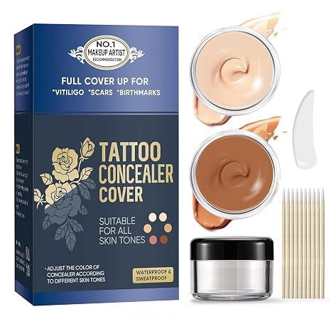 Tattoo Cover Up Makeup Waterproof, 2 Colors Tattoo Cover Up Concealer, Suitable for Scars, Vitiligo, Spots, Invisible & Natural, Sweatproof & Waterproof