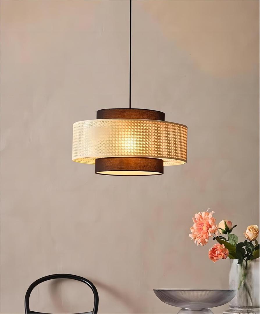 LIGHTLAND Rattan Farmhouse Pendant Light Fixture, Hand Woven Dining Room Pendant Light with Fabric Shade, Rustic Pendant Hanging Light Fixture for Kitchen Island Rattan Pendant Lighting 20''