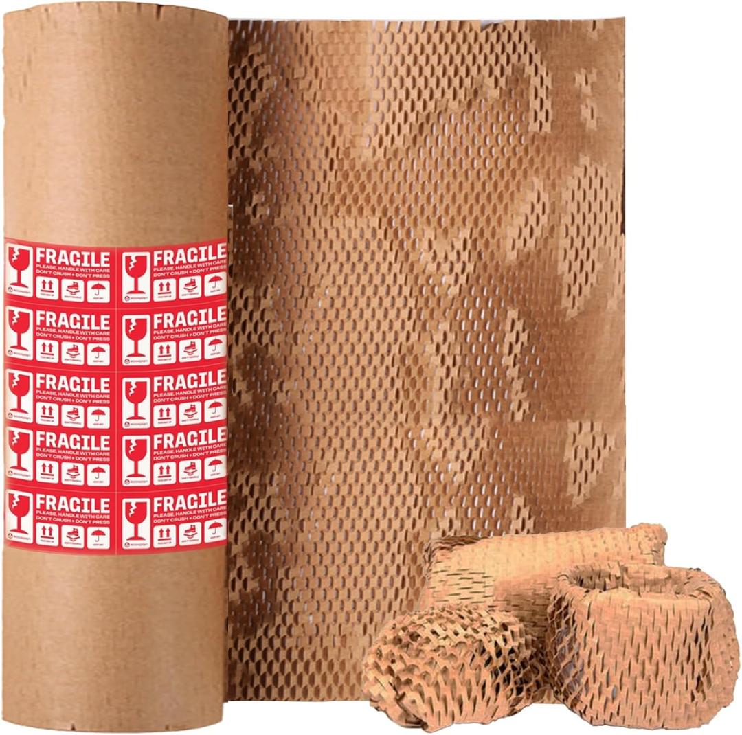 Honeycomb Packing Paper, 15"x300' Eco Friendly Packing Paper for Moving Recyclable Shipping Supplies Bubble Paper Wrapping Protective Roll, With 24 Fragile Sticker Labels (Brown)