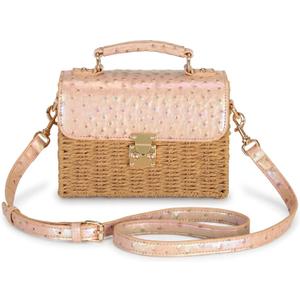 Women's Straw Bag Handmade - Vegan Leather Top-handle Handbags, with Gold and Crocodile Embossed, Summer Purse