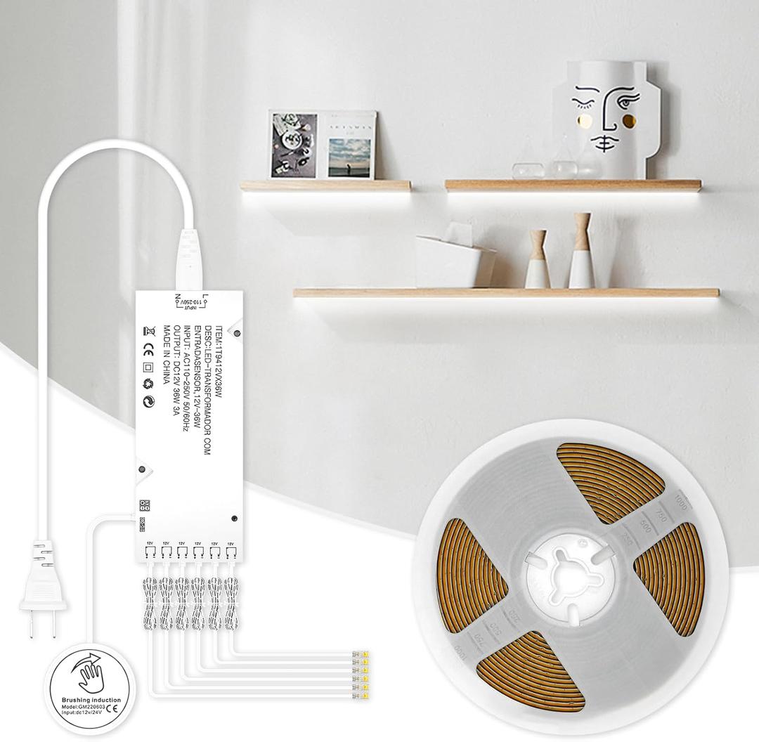 Under Cabinet COB Led Light Strip kit,16.4ft/5m Cuttable 6500K,Diffused Power with 6 Output Ports,Touch Switch&Dimmer Strip for Gun Safe Case,Book Shelf,Floating Shelf,Wall Panel,Home Decor