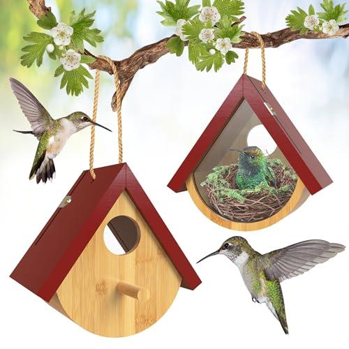2 Pack Hummingbird House, Window View Wooden Bird Houses for Outside Hummingbird Houses for Nesting, Hanging Chickadee House for Indoor Outdoor with Hemp Ropes