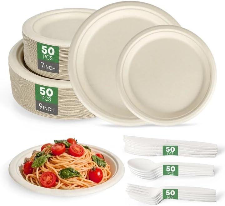 Compostable Plates 9&7 Inch with CutleryHeavy Duty Paper Plates 50 Pack, Disposable Dinnerware Sets Biodegradable Sugarcane Bagasse Dinner Plates for Everyday Use, Party, Family (Microwave Safe) (Brown)