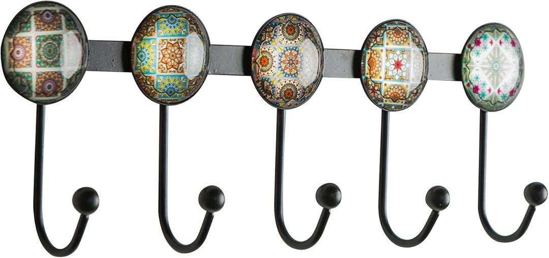 Boho Coat Rack Wall Mounted with 5 Hooks, Forest Theme Mandala Pattern Decorative Wall Hooks for Hanging Hat, Key, Towel, Purse, Bag, and Robe - for Entryway, Bathroom, and Kitche