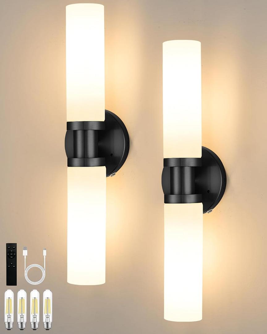 Wireless Battery Operated Wall Sconce Set of 2, Black Easy Install Dimmable Rechargeable Wall Lights with Remote Control, Timer Function for Living Room, Bedroom, Hallway, Stairwell, Entryway 3000K