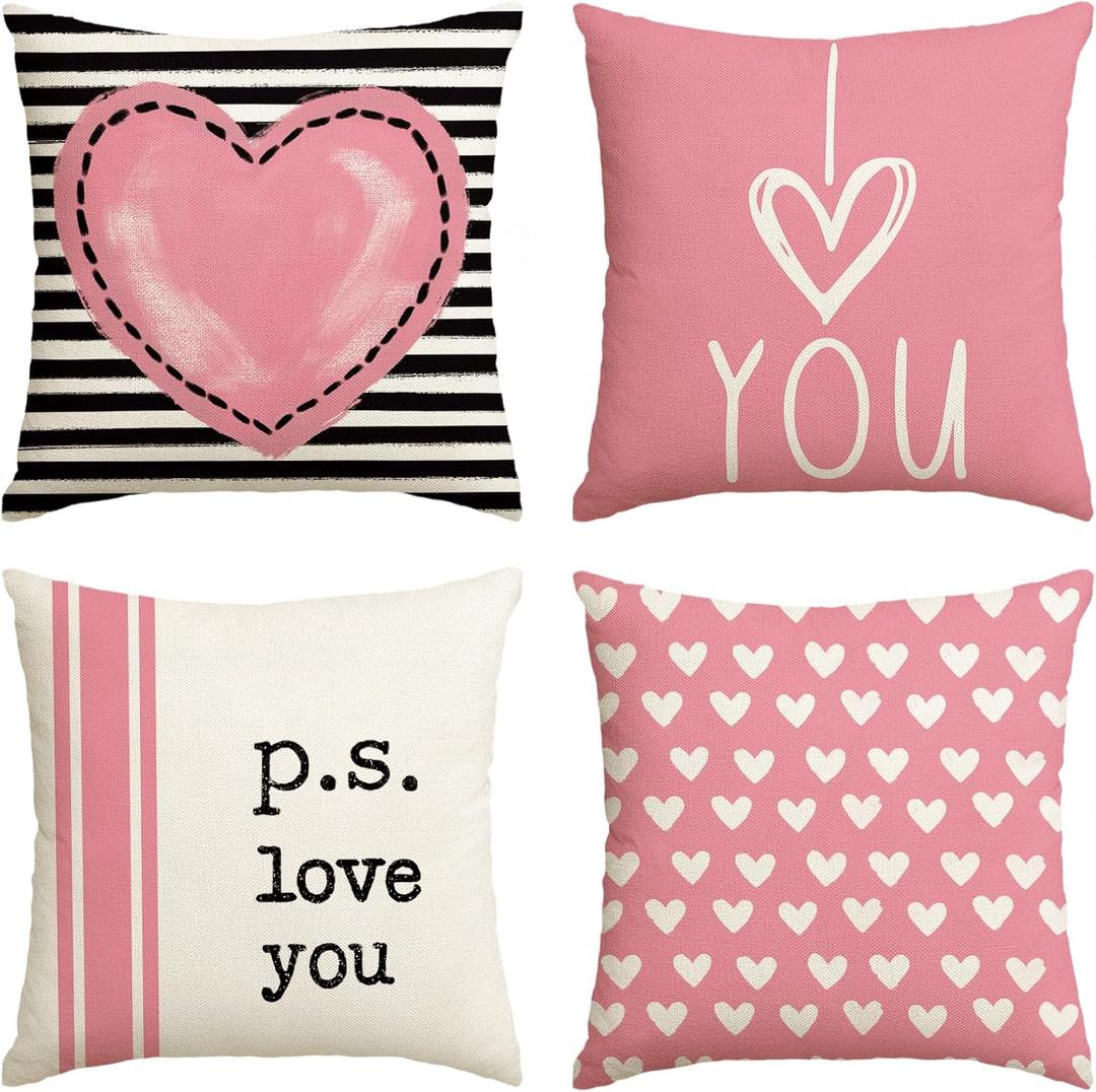 AVOIN colorlife Valentine's Day I Love You Throw Pillow Covers, 20 x 20 Inch Pink Valentine Heart Stripes p.s. Love You Wedding Cushion Case Decoration for Sofa Couch Set of 4