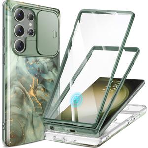 GVIEWIN for Samsung Galaxy S23 Ultra Case with Slide Camera Cover, [Built-in Screen Protector] [2 Front Frames] Military Grade Shockproof, Marble Phone Case Fit S23 Ultra 6.8", Desert Dream/Green
