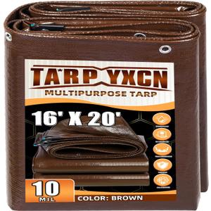 Brown Tarp 16x20 Feet, 10 Mil Thick Waterproof Poly Tarps Cover UV Resistant, Rip & Tear Proof with Metal Grommets Every 20 Inches