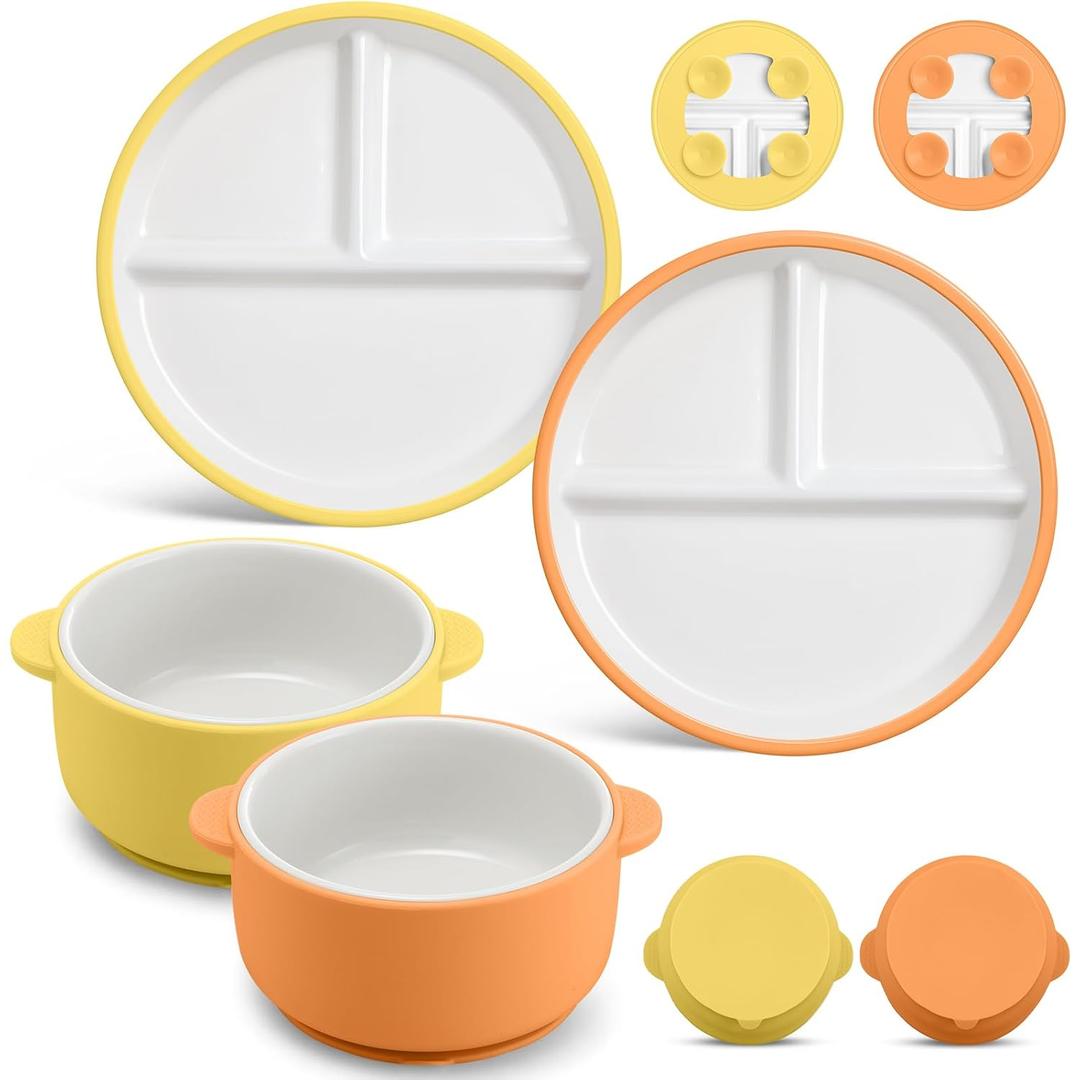 Domensi 4 Pcs Porcelain Kid Suction Plate and Bowl Set,Orange,Yellow