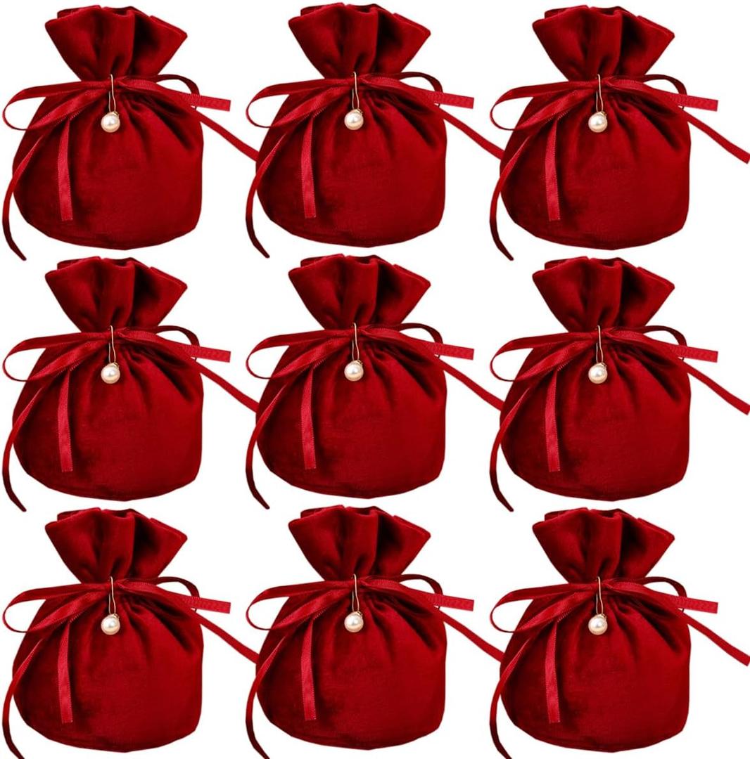 20 Pcs Round Bottom Drawstring Velvet Gift Bags Jewelry Pouches with Pearl Bead,for Wedding Favors,Christmas,Party Favors,Birthday,Red wine