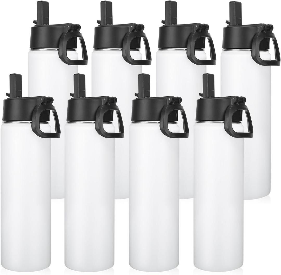 Neihepal 22 oz Insulated Water Bottles Bulk, Stainless Steel Water Bottles Bulk with Leak Proof Straw Lid, Wide Mouth Double Walled Vacuum Keeps Cold and Hot (White, 8 Pack)