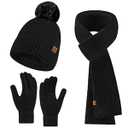 Leuceiy Winter Hats Scarf Gloves for women men, Winter Clothes Knitted Fleece Lined Beanie Thermal Gloves Long Scarf for Cold Weather (Black)