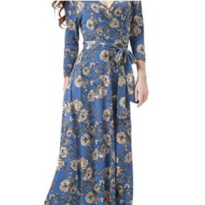 Aphratti Maxi Dresses for Women 2025 Summer Casual 3/4 Sleeve Faux Wrap V Neck Floral Flowy Long Maxi Dress Blue Large