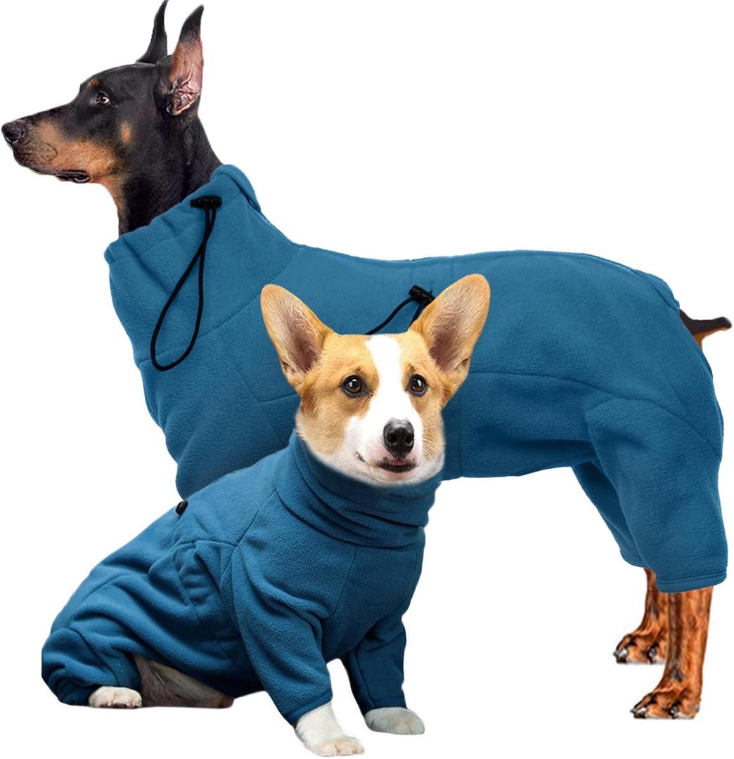 ROZKITCH Fleece Full Body Dog Suit, Pet Windproof Warm Cold Weather Jacket Vest Cozy Jumpsuit Apparel Outfit Clothes for Small Medium Large Dog Walking Sleep M (M(Back Length:18"), Turquoise)