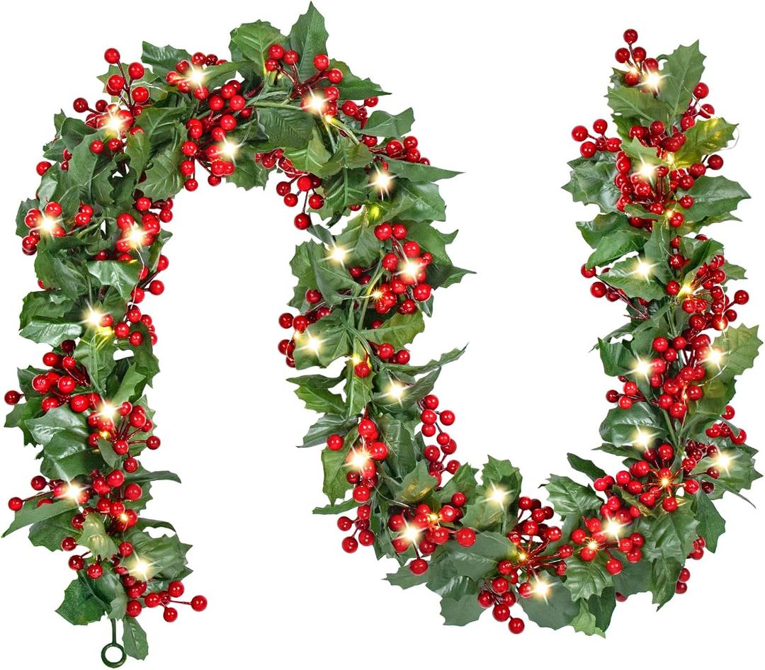 Red Berry Christmas Garland with Lights, 5.9FT Artificial Garland Christmas Decorations Battery Operated Christmas Garland for Mantle Winter Holiday Garland New Year Fireplace Stairs Home Table Decor