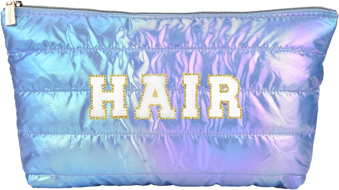 Hiroyuki Iridescent Makeup Bag, 14 inches Cosmetic Bag, Large Capacity Travel Pouch (Hair, pink)