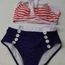 DRESSFO Women's Bikini Set American Flag Halter Two Piece High Waisted Swimsuit Stripe Vintage Tummy Control Bathing Suit (XX-Large, Red)