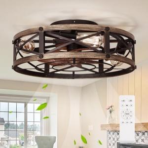 SHLUCE 19" Farmhouse Flush Mount Caged Ceiling Fans with Lights, 6 Speeds, Rustic Low Profile Ceiling Fan with Light and Remote, Small Bladeless Ceiling Fans with Lights for Kitchen, Bedroom - ETL