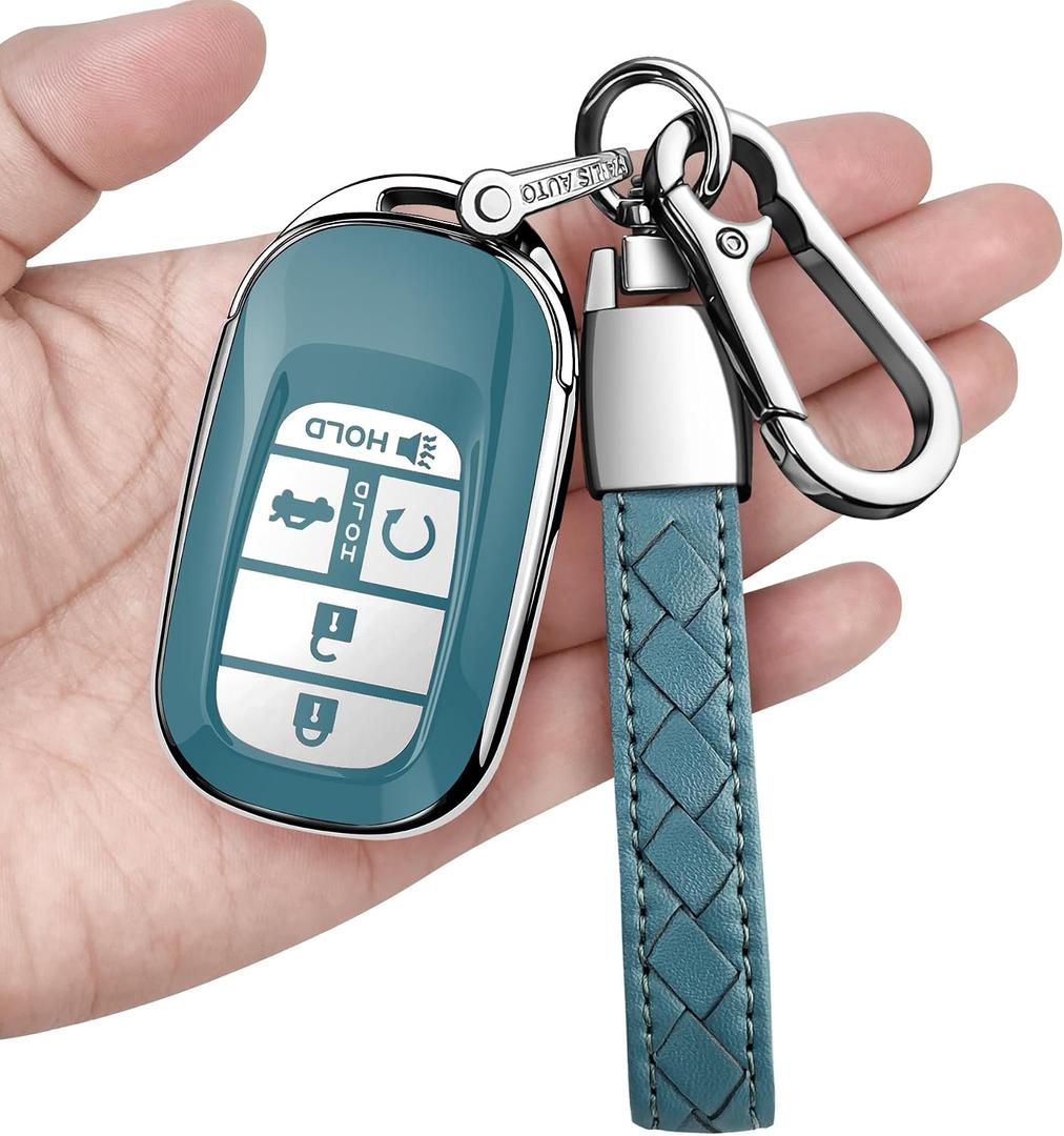 for Honda Key fob Cover with Leather Keychain Soft TPU Full Cover Protection,for 2022 2023 2024 2025 Civic Accord HR-V Pilot CR-V,5-Buttons Key Fob Shell(Storm Blue)